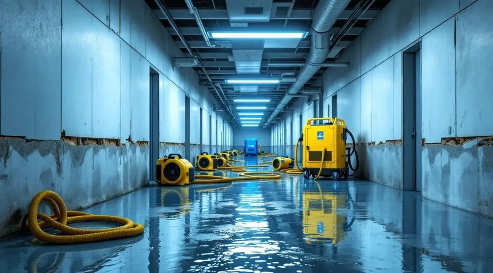 Professional restoration technicians operating industrial water extractors in a flooded Las Vegas office suite.