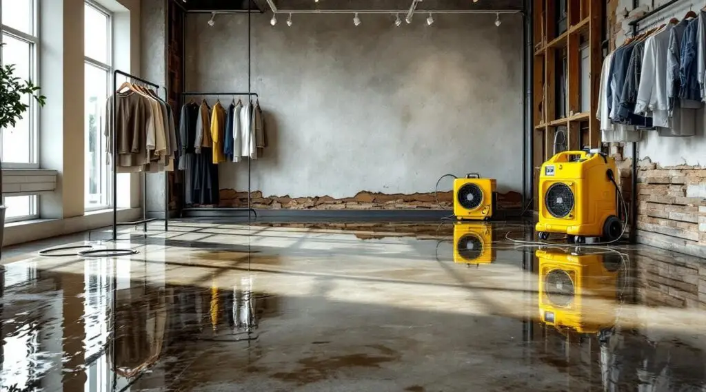 Restoration technicians using industrial water extractors on a flooded retail floor in North Las Vegas to minimize business downtime.