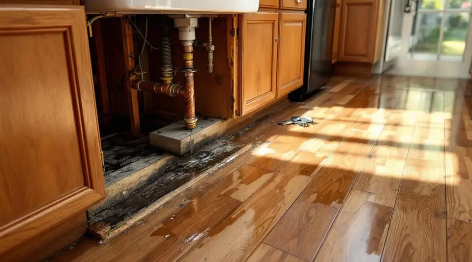 Professional restoration technician using a moisture meter to check for water behind kitchen cabinets in a Las Vegas home.