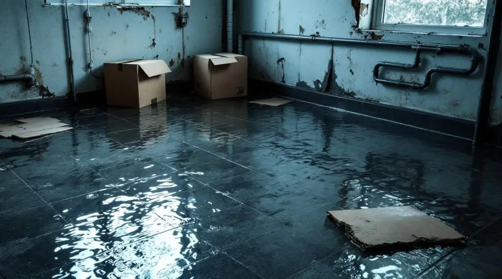 Professional restoration technicians using industrial water extractors and air movers in a flooded North Las Vegas basement.