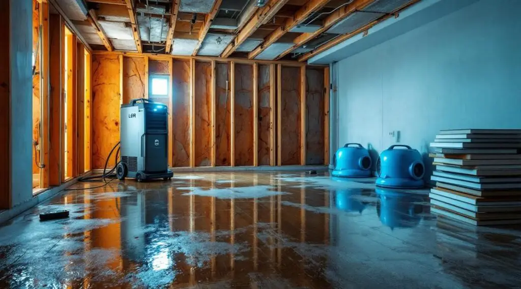 UBCC Restoration technicians using industrial air movers and thermal imaging for flood restoration in a North Las Vegas home.
