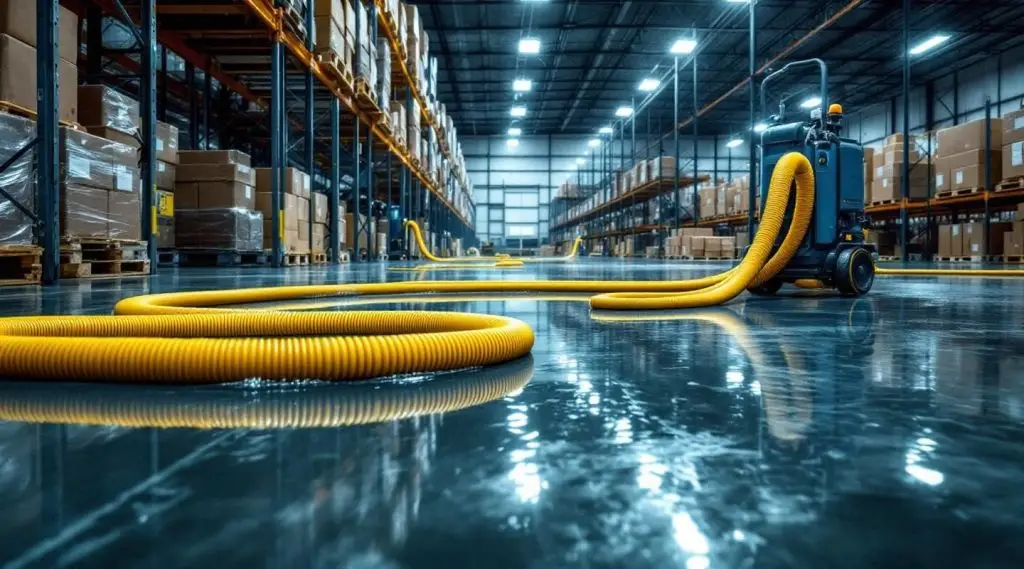 High-capacity water extraction vacuum hoses across a flooded North Las Vegas warehouse floor with industrial drying equipment.