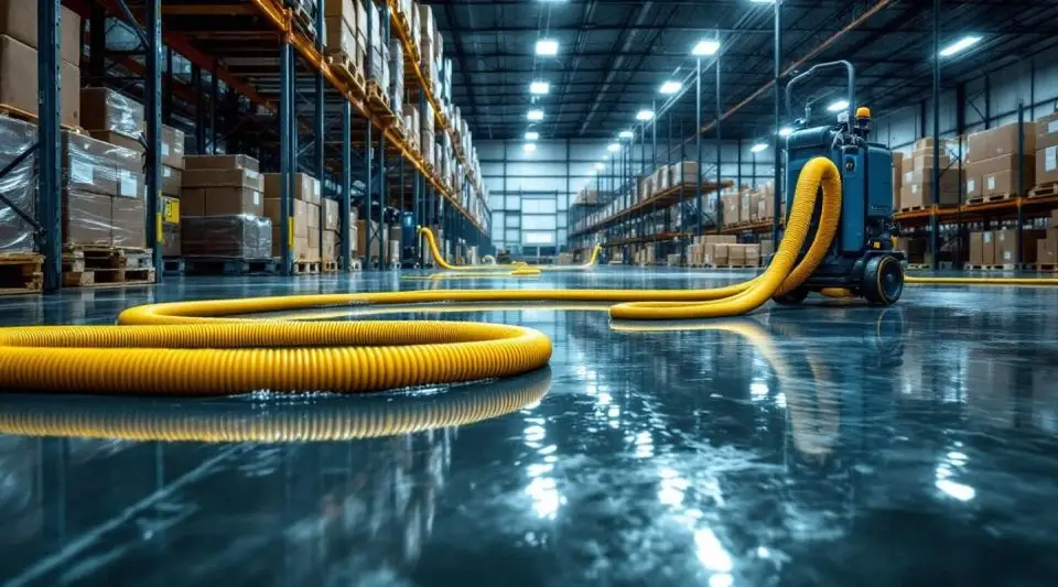 High-capacity water extraction vacuum hoses across a flooded Las Vegas warehouse floor with industrial drying equipment.
