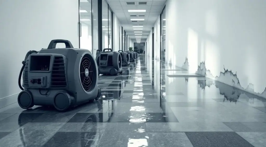 Commercial water restoration team using industrial air movers and extractors in a flooded North Las Vegas office building lobby.