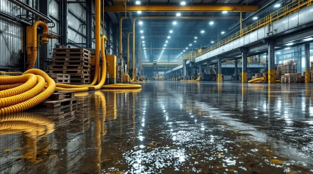 Industrial restoration technicians operating high-volume water extractors in a flooded North Las Vegas warehouse with commercial desiccant units.