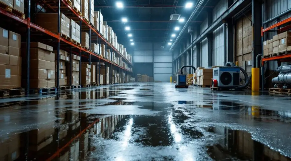 Industrial water restoration crew using high-capacity dehumidifiers and axial fans in a flooded Las Vegas warehouse.