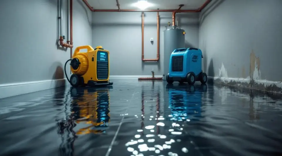 A UBCC Restoration technician using a professional water extractor on a flooded residential floor in Las Vegas.